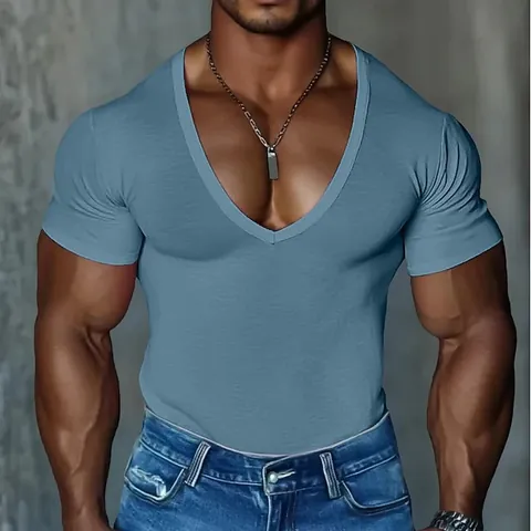 T-Shirt Ajusté à Col en V pour Hommes Manches Courtes Basique Couleur Unie Coton Muscle Tee Haut Mode Décontracté
