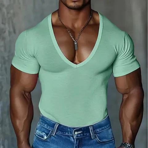 T-Shirt Ajusté à Col en V pour Hommes Manches Courtes Basique Couleur Unie Coton Muscle Tee Haut Mode Décontracté