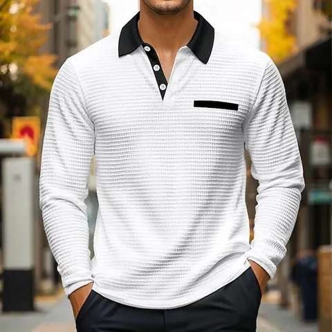 Men Waffle Knit Polo Shirt Long Sleeve Contrast Lapel Casual Sporty Top Loose Fit Breathable Solid Color Pullover