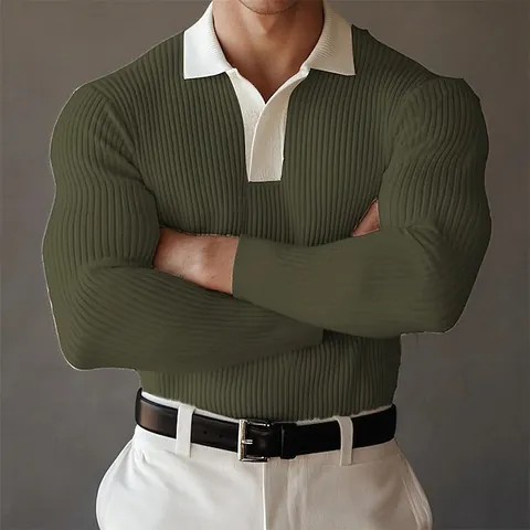 Men Waffle Knit Long Sleeve Polo Shirt Lapel Button Color Block Casual Pullover Top Fashion Autumn Vacation Clothing