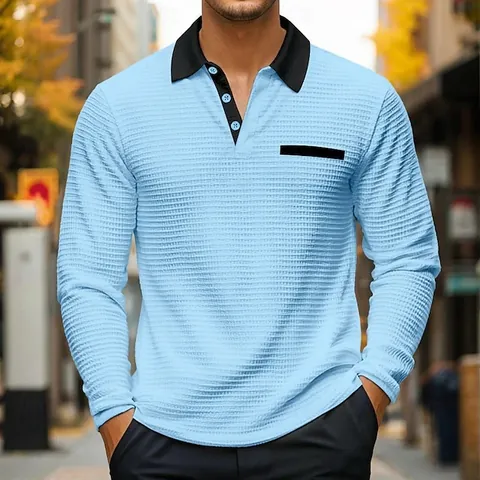 Men Waffle Knit Polo Shirt Long Sleeve Contrast Lapel Casual Sporty Top Loose Fit Breathable Solid Color Pullover