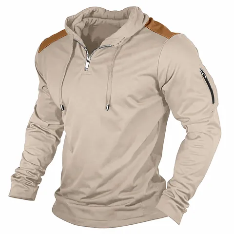 Men Fashion Patchwork Long Sleeve Hoodie Casual Color Block Pullover Sweatshirt With Zipper Pocket Autumn Winter Men Top
