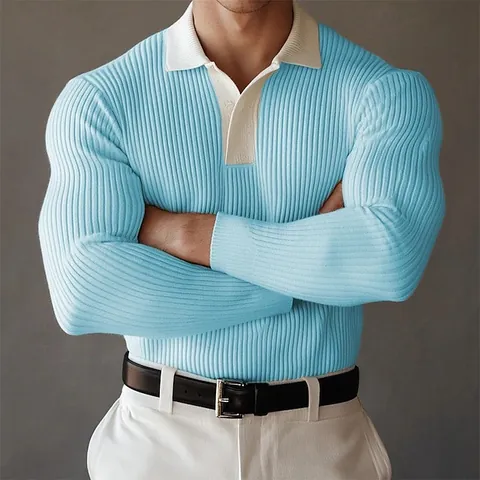 Men Waffle Knit Long Sleeve Polo Shirt Lapel Button Color Block Casual Pullover Top Fashion Autumn Vacation Clothing