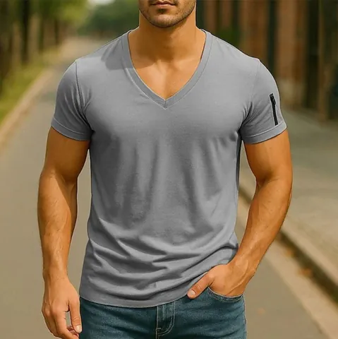 Ανδρικό Casual T-Shirt με Λαιμόκοψη V Μονόχρωμο Κοντό Μανίκι Τοπ με Λεπτομέρεια Φερμουάρ στο Μανίκι Πολυεστέρας Μεγάλο Μέγεθος
