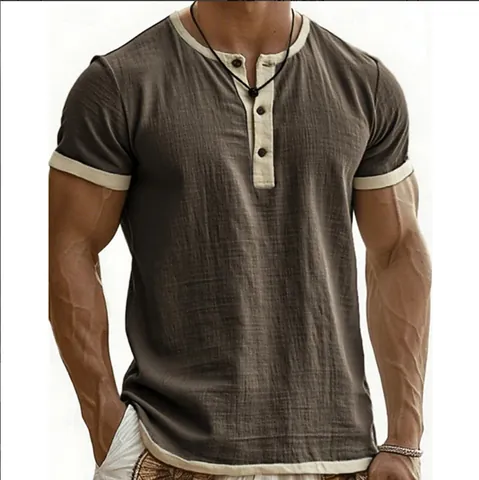Men Vintage Henley Shirt Short Sleeve Polyester Contrast Trim Casual Summer Top Loose Fit Retro Comfortable T-Shirt For Men