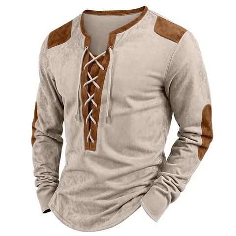 Men's Outdoor Streetwear Patchwork Henley Sweatshirt Long Sleeve Drawstring Polyester Faux Suede Top Loose Casual Sweatshirt