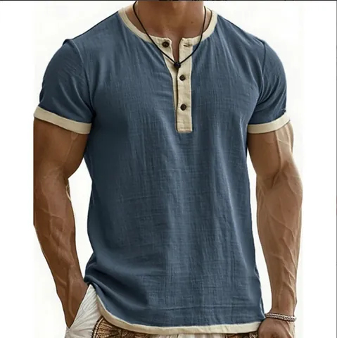Men Vintage Henley Shirt Short Sleeve Polyester Contrast Trim Casual Summer Top Loose Fit Retro Comfortable T-Shirt For Men
