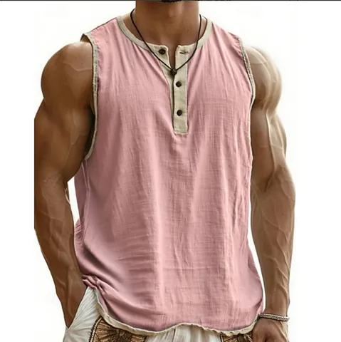 Men Summer Fitness Tank Top 3 Buttons Henley Quick Dry Breathable Solid Color Running Training Sleeveless Gym Top