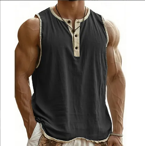 Men Summer Fitness Tank Top 3 Buttons Henley Quick Dry Breathable Solid Color Running Training Sleeveless Gym Top