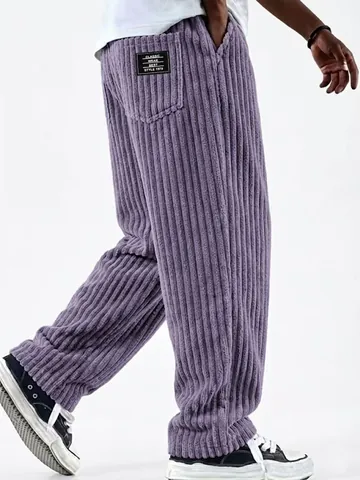 Men American Retro Striped Corduroy Casual Pants Loose Straight Leg Bottoms For Spring Autumn Daily Wear Fashion Trousers