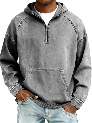 Sudadera con Capucha de Mezclilla Pesada para Hombre Lavado Ácido Media Cremallera Pullover Con Bolsillo de Canguro Top