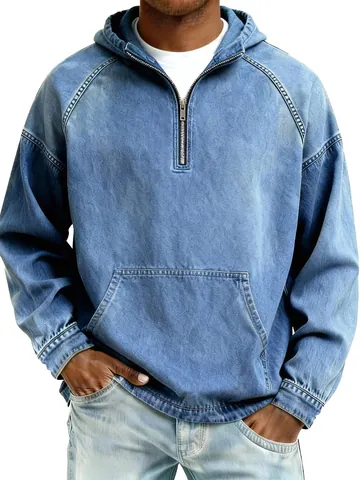 Sudadera con Capucha de Mezclilla Pesada para Hombre Lavado Ácido Media Cremallera Pullover Con Bolsillo de Canguro Top