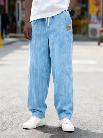 Men's Casual Corduroy Pants Loose Straight Leg Drawstring Trousers Multi Pocket Vintage Streetwear Bottoms Bottom