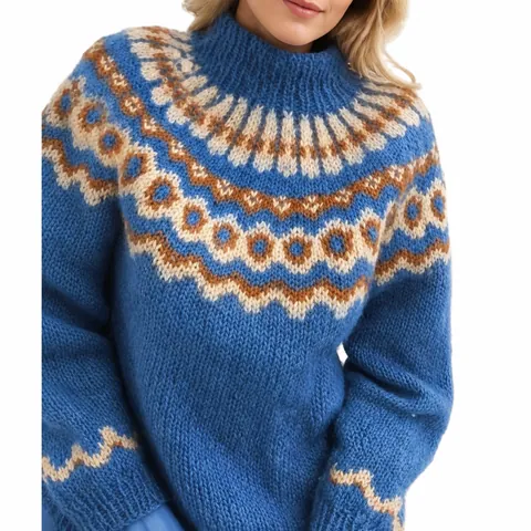 Maglione in Maglia Jacquard Vintage da Donna Collo Alto Manica Lunga Pullover Poliestere Lana Motivo Geometrico Autunno Inverno Casual Top