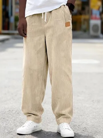 Men's Casual Corduroy Pants Loose Straight Leg Drawstring Trousers Multi Pocket Vintage Streetwear Bottoms Bottom