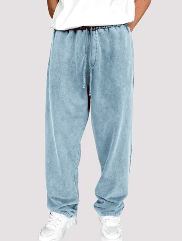 Men's Acid Wash Cotton Knitted Sport Joggers Vintage Drawstring Casual Sweatpants Loose Straight Leg Bottoms For Teens