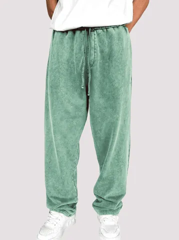 Men's Acid Wash Cotton Knitted Sport Joggers Vintage Drawstring Casual Sweatpants Loose Straight Leg Bottoms For Teens