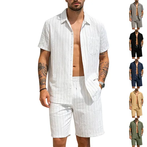 Heren Zomer Linnen Streep Top And Bottom Set Korte Mouw Shirt En Trekkoord Shorts Casual Ademend Vakantie Pak