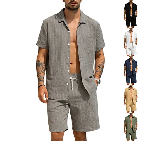 Heren Zomer Linnen Streep Top And Bottom Set Korte Mouw Shirt En Trekkoord Shorts Casual Ademend Vakantie Pak