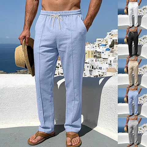 Pantalones Casuales de Lino para Hombre Pantalones de Playa Sueltos con Cordón Pierna Recta con Costuras Verticales para Verano Resort