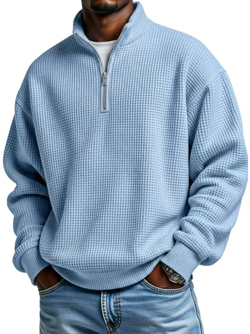 Men Quarter-Zip Waffle Knit Sweatshirt Stand Collar Long Sleeve Pullover Loose Fit Casual Sport Top Solid Color Male Fashion Sweatshirt