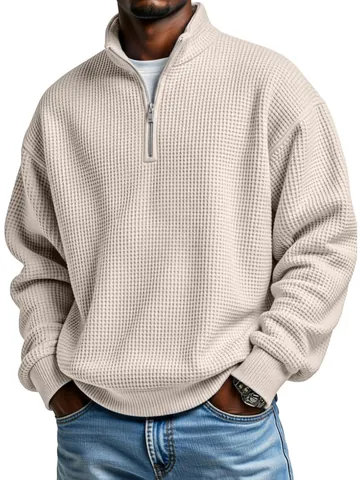 Men Quarter-Zip Waffle Knit Sweatshirt Stand Collar Long Sleeve Pullover Loose Fit Casual Sport Top Solid Color Male Fashion Sweatshirt