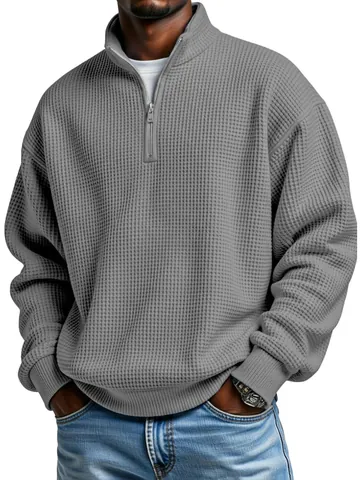 Men's Casual Waffle Knit Long Sleeve Quarter Zip Sweatshirt Loose Fit Stand Collar Solid Color Pullover Top