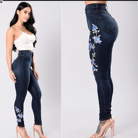 Women's High Waist Embroidered Floral Skinny Jeans Stretch Denim Pencil Pants Dark Blue Bottom
