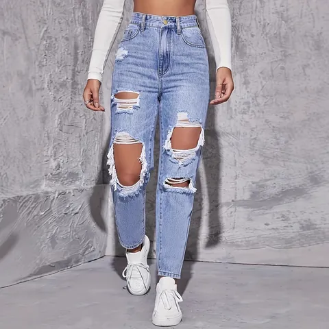 Women Distressed Ripped Denim Jeans High Waisted Straight Leg Bottom Acid Wash Streetwear Casual Denim Pants Light Blue