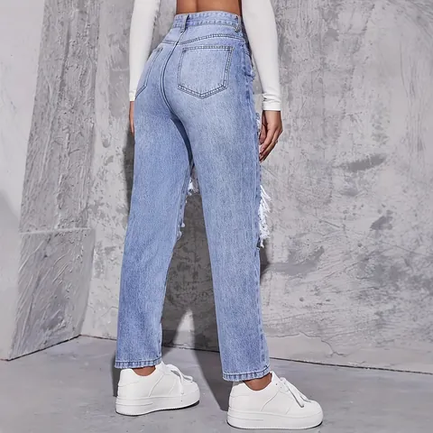 Women Distressed Ripped Denim Jeans High Waisted Straight Leg Bottom Acid Wash Streetwear Casual Denim Pants Light Blue