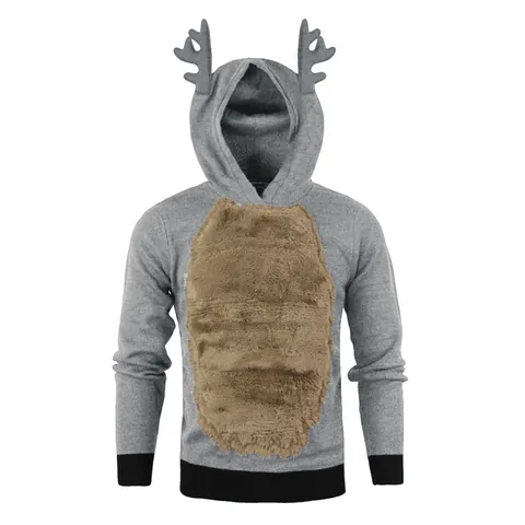 Sweat à Capuche Noël Renne Bois pour Hommes Pullover en Polaire Peluche Épissé Top Manches Longues Sweat à Capuche Décontracté