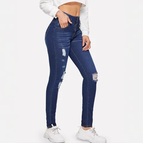 Women's Dark Blue Ripped Skinny Jeans Stretch Slim Fit High Waisted Denim Pencil Pants Casual Distressed Cotton Bottom