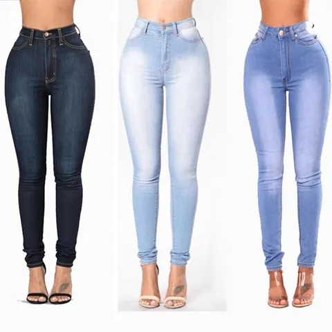 Women Slim Fit High Waist Stretch Denim Jeans Skinny Pencil Pants Washed Blue Black White Casual Fashion Commuting Trousers