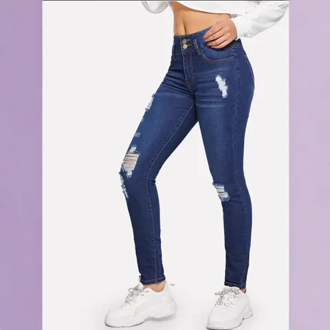 Women's Dark Blue Ripped Skinny Jeans Stretch Slim Fit High Waisted Denim Pencil Pants Casual Distressed Cotton Bottom