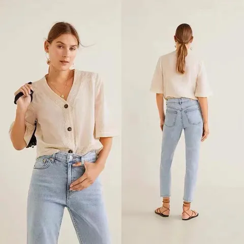 Women High Waist Slim Fit Straight Leg Jeans Solid Color Light Blue Denim Pants For Casual Commuting Daily Wear Bottom