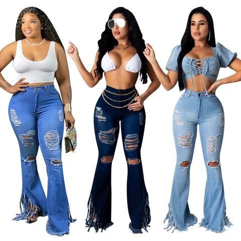 Vaqueros de Campana con Flecos y Rotos de Cintura Alta para Mujer Pantalones de Mezclilla Lavados Streetwear Ajustados para Mujer