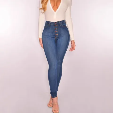 Women High Waist Multi Button Skinny Jeans Stretch Cotton Denim Pencil Pants Washed Slim Fit Sexy Commuter Trousers