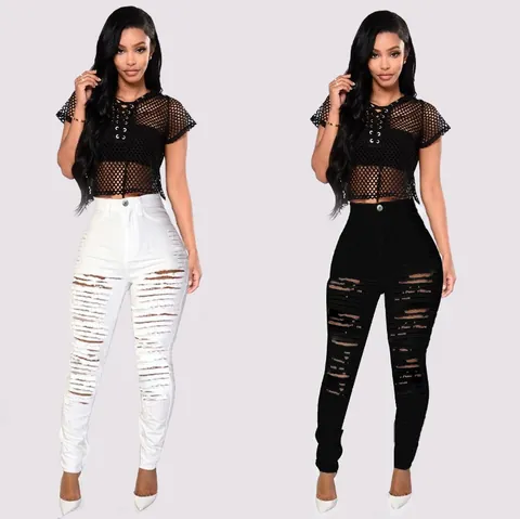 Women's High Waist Distressed Skinny Jeans Stretch Ripped Denim Pencil Pants Urban Fashion Slim Fit Bottom for Casual Streetwear