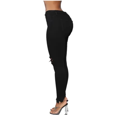 Vaqueros Skinny Rotos de Cintura Alta para Mujer Denim de Algodón Deshilachado Pantalones de Lápiz Sexy Slim Fit Color Sólido