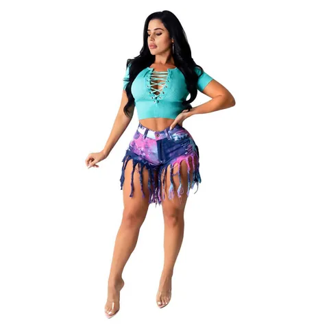 Women Fashion Tie-Dye Fringed Denim Shorts High Waist Distressed Tassel Bottom Casual Straight Leg Shorts For Summer Party Vacation