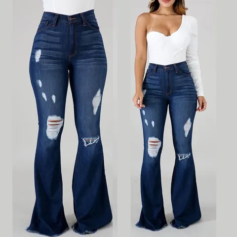 Vaqueros Acampanados de Cintura Alta para Mujer Pantalones Largos de Mezclilla Destruidos Vaqueros Ajustados Elásticos Lavados