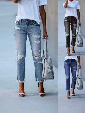 Women's Distressed Ripped Jeans High Waisted Cotton Denim Straight Leg Pants Frayed Hem Skinny Bottom For Daily Casual
