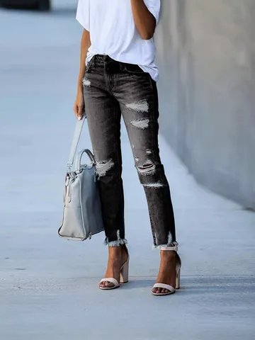 Women's Distressed Ripped Jeans High Waisted Cotton Denim Straight Leg Pants Frayed Hem Skinny Bottom For Daily Casual
