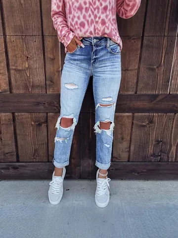 Women Light Blue Ripped Distressed Straight Leg Denim Jeans Sexy Slim Fit Casual Cotton Long Pants Fashion Streetwear