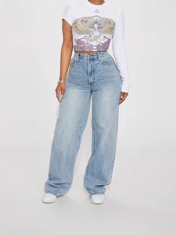 Women High Waisted Straight Leg Jeans Light Blue Washed Cotton Denim Pants Vintage Relaxed Wide Leg Casual Bottoms