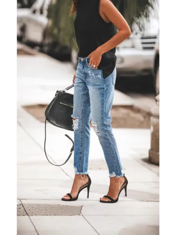 Women Ripped Straight Leg Jeans Cotton Denim Distressed Frayed Hem Water Washed Casual Commuting Streetwear Long Pants