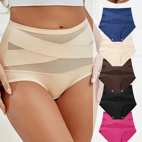 Women High Waist Tummy Control Panties Seamless Ice Silk Body Shaper Hip Lifting Crisscross Mesh Splicing Slimming Shapewear Bottom
