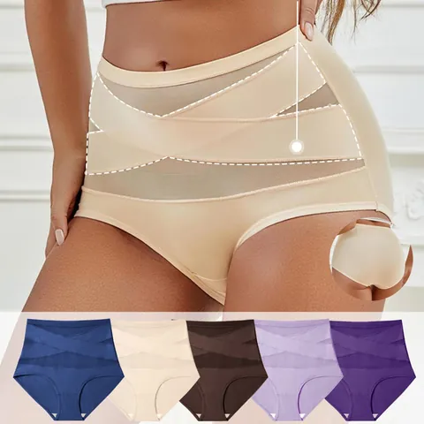 Women High Waist Tummy Control Panties Seamless Ice Silk Body Shaper Hip Lifting Crisscross Mesh Splicing Slimming Shapewear Bottom