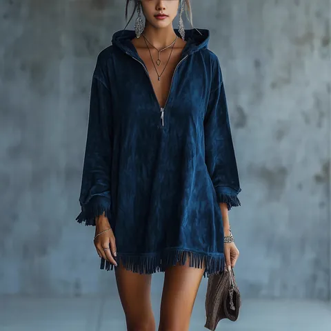 Women Suede Look Hooded Dress Half Zip Tassel Long Sleeve Loose Casual Mini Dress Bohemian Solid Color Fall Dress