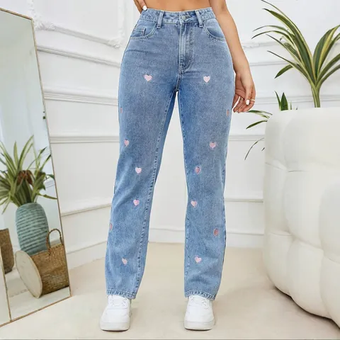 Jeans Ricamati a Cuore da Donna in Misto Cotone Denim a Vita Alta Dritti Casual Dolce Streetwear Blu Denim